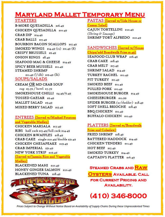 Maryland Mallet Restaurant Westminster MD Steamed Crab Carryout Carroll