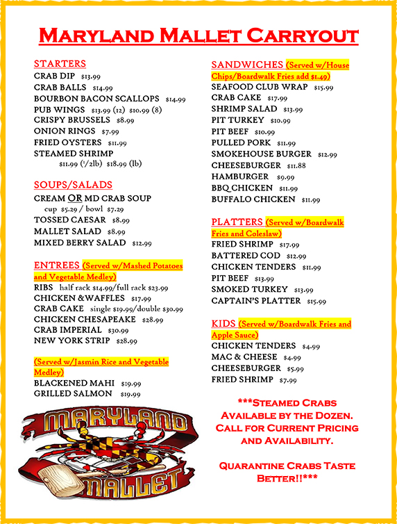 Maryland Mallet Restaurant Westminster MD Steamed Crab Carryout Carroll